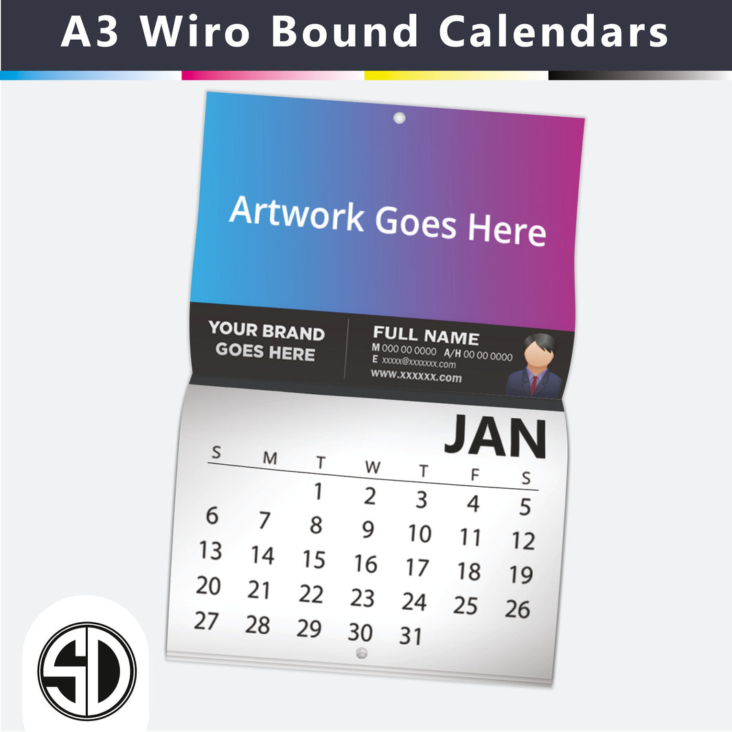 A3 Wiro Bound Calendars 300 GSM Cover + 150 GSM Text - 14pp Leaves (A3 Landscape)