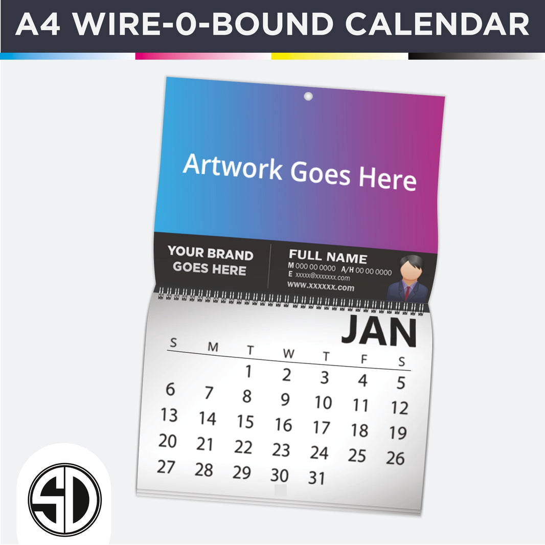 A4 Wiro Bound Calendars 300 GSM Cover + 150 GSM Text - 14pp Leaves (A3 flat)